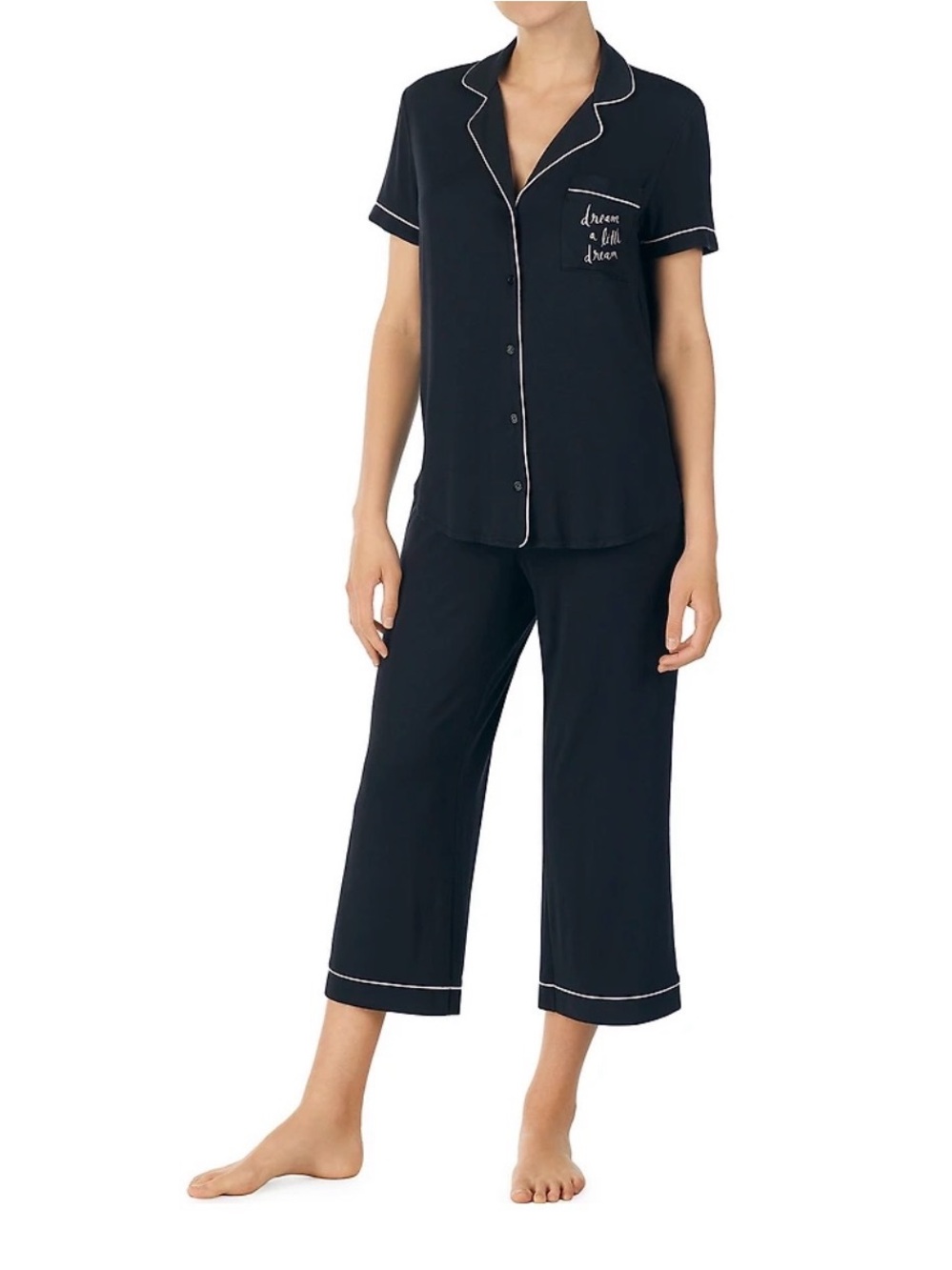 kate spade Black Short-Sleeve Button Pajama Set with White Piping Size L